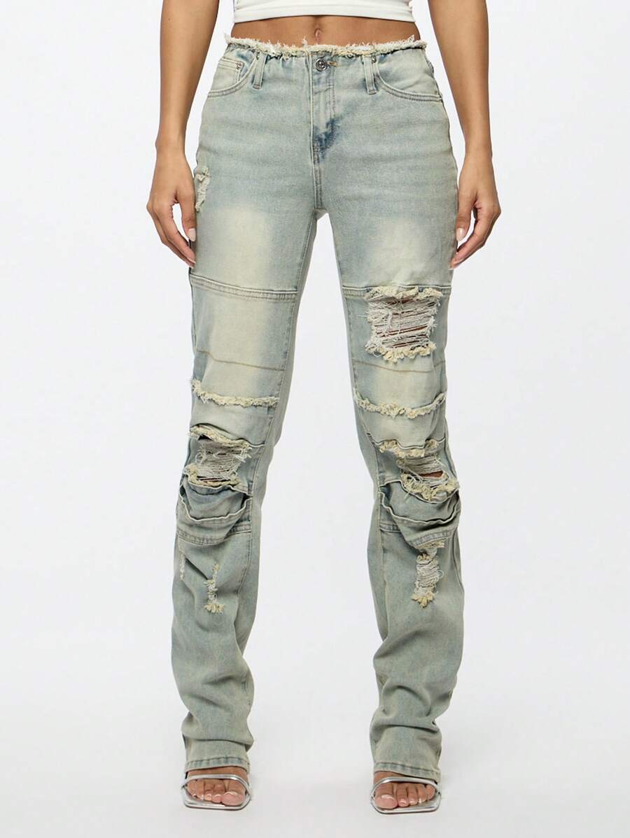SUMWON WOMEN Ultra Distressed Ripped High Rise Denim Jeans Wide Leg Raw Hem Vintage Style Y2K Grunge Aesthetic Frayed Destroyed Pants Fall Winter Festival Fashion - Blue - View 1