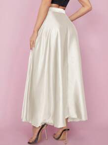 SHEIN PETITE High Waist Solid Flared Party Women Skirt - Beige - View 2