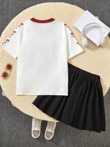 SHEIN Explorewe 2件套女童蝴蝶结字母V领黑色T恤和粉色裙子 - 彩色 - 查看 2