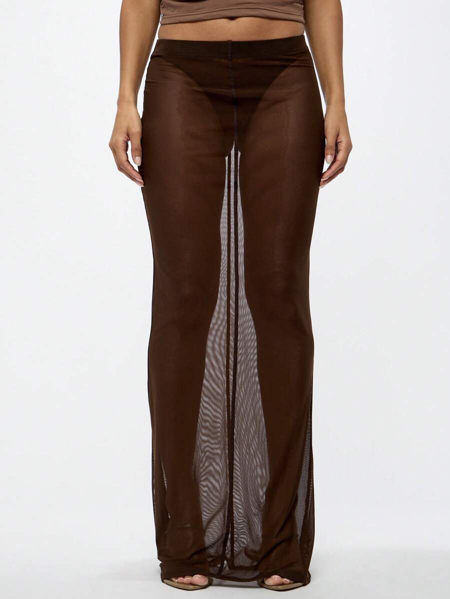 SUMWON WOMEN Váy Maxi Lưới Trong Suốt Cạp Cao Dài Đến Sàn Trong Suốt Phủ Váy Dạ Hội Lễ Hội Bãi Biển Nhiều Lớp Thiết Kế Thời Trang - Cà phê nâu - Xem 1