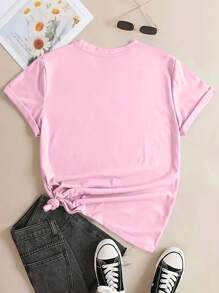 INAWLY Women Floral Print Loose Fit Pink T-Shirt, Casual & Fashionable, Suitable For Summer - Baby Pink - View 2