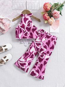SHEIN Baby Girls Sweetheart Valentine's Day Heart Knit Halter Top And Flared Pants Set, Fashionable - Multicolor - View 2