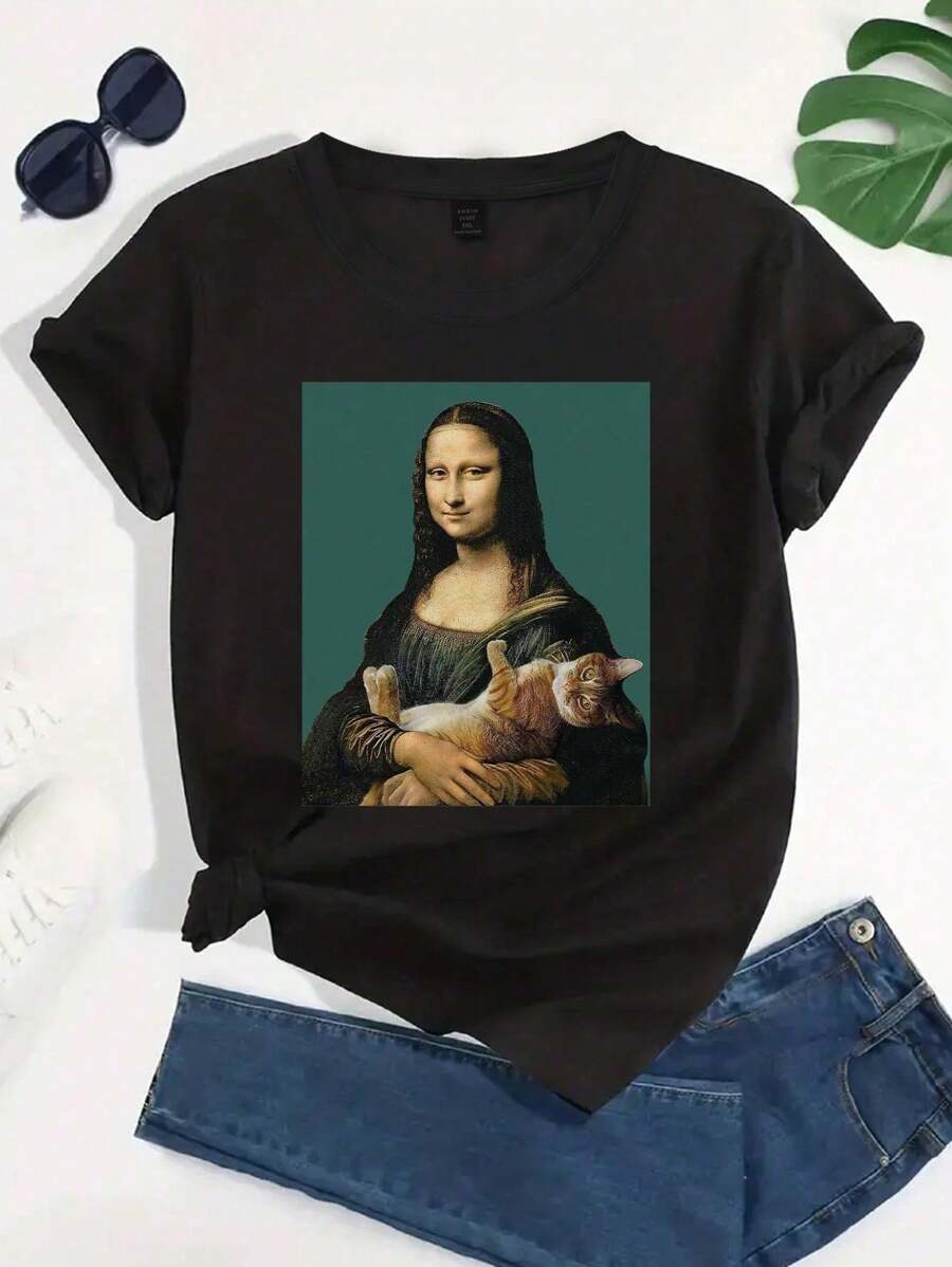 SHEIN CURVE+ Plus Size Mona Lisa & Cat Funny Graphic Casual Crew Neck Short Sleeve T-Shirt, Women's Graphic Tee, Women Black Top - Black - View 1