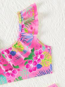 Young Girl's Tropical Print Bikini Set, Beach/Vacation - Pink - View 3
