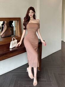 DAZY Off Shoulder Solid Ruched Side Mesh Overlay Homecoming Dress Elegant Sundress,Dress For Wedding,Back To School Clothes - Dusty Pink - View 2