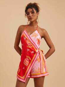 Travachic 棕榈树印花梭织女式连体裤，春夏装，女士沙滩装，女士西部装，春假装，女士演唱会装，波西米亚风，狂欢装，热带度假，节日装，女士浪漫休闲夏季装，热带装 - 玫紅色 - 查看 6