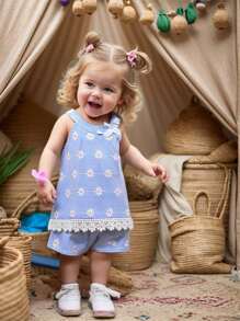 女婴雏菊印花格子 V 领无袖背心和短裤 2 件套，春夏