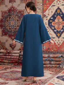 Al Najma Abito lungo con scollo a V, maniche lunghe, dritto e morbido, con motivo geometrico, in stile arabo
