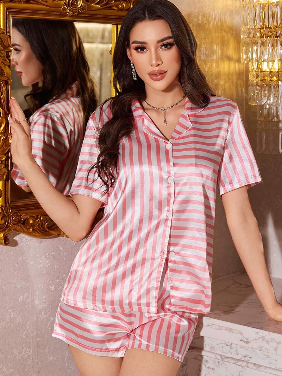 Ensemble de pyjama en faux soie à col, roses et blancs rayés, en patchwork pour femme - Rose bonbon - Voir 1