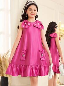 SHEIN Elegantes, ärmelloses Satinkleid mit Perlenschleife und lockerer A-Linie, Netzsaum und Farbblock für Tween-Mädchen, geeignet für Hochzeit, Geburtstag, Party