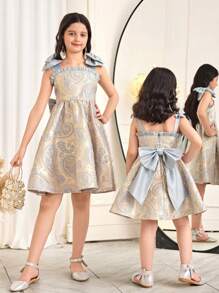 SHEIN 青少年女孩珍珠肩蝴蝶结后背蝴蝶结派对连衣裙，无袖