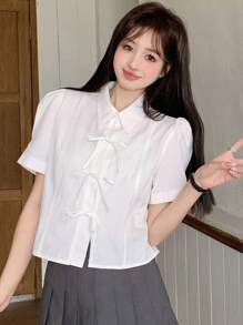 DAZY Của phụ nữ Màu thuần Bong bóng Tay áo Cà vạt Áo sơ mi - trắng - Xem 9