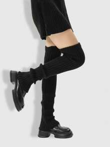ROMWE Anime Women Ribbed Leg Warmers, Solid Color, Warm For Autumn/Winter