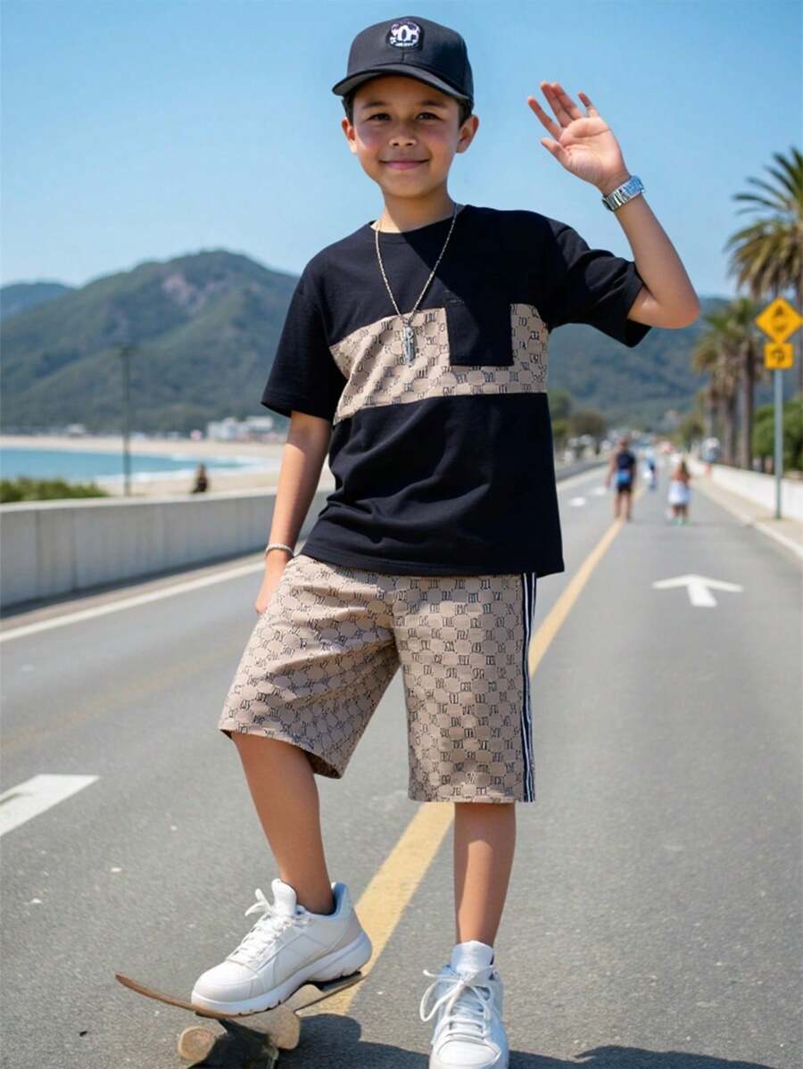 SHEIN Tween Boy Summer Printed Patchwork Short Sleeve Top And Shorts 2pcs Outfit Summer Holiday - Black - View 1