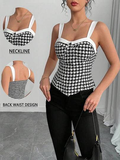 Chiquease Women's Houndstooth Print Asymmetric Hem Slim Fit Camisole