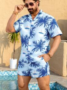 Manfinity Swimmode 男士度假棕榈树印花衬衫和短裤海滩装