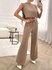 RueChic SIDE TIE UP BOW CROP BLOUSE & ELASTICAL WAIST DRAWSTRING PANT - Beige - View 6