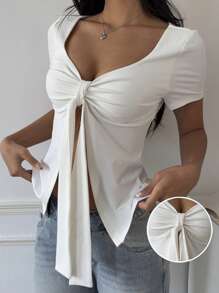 SHEIN EZwear 白色针织系带V领短袖T恤，简约时尚休闲日常穿搭 - 白色 - 查看 6