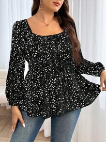 SHEIN Frenchy Plus Size Women's Ditsy Floral Apricot Color Blouse With Criss-Cross Back Design, Waisted A-Line Hem, Casual & Fashionable - Black - View 4