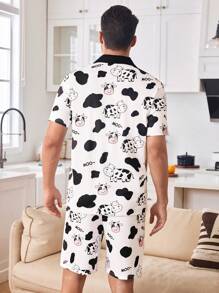 Men's Cute Cow & Letter Print Sleepwear Set - Black and White - View 2