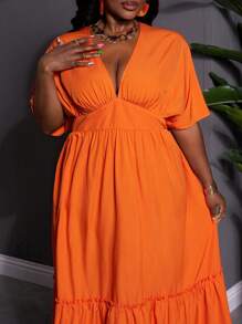 SHEIN CURVE+ Váy cam cỡ lớn cho nữ: Váy maxi bồng bềnh cổ chữ V và viền bèo nhún, hoàn hảo cho kỳ nghỉ Boho mùa hè - trái cam - Xem 5