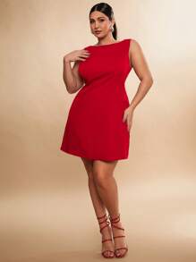 SHEIN BAE Solid Color Round Neck Sleeveless Flared Hem Minimalist Elegant Short Dress,Birthday Dresses For Women - Red - View 4