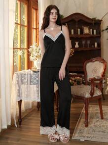 Côtesoire 3件套优雅蕾丝拼接女士睡衣套装，适合假日、秋冬季节穿着 - 黑色 - 查看 4