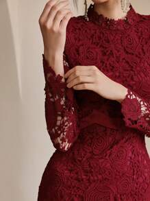 Anewsta 优雅法式玫瑰缎拼接蕾丝奢华女式连衣裙 - 酒紅色 - 查看 2