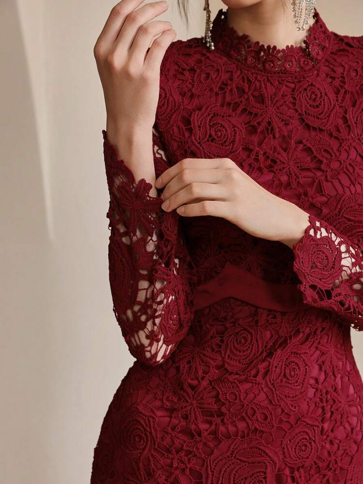 Elegant French Rose Satin Splice Lace Luxury Dress For Women