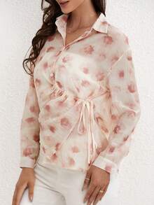 女士隨機印花簡約長袖襯衫，日常穿著