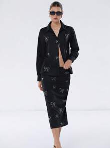 SHEIN Privé Set da 2 pezzi di abbigliamento casual da ufficio per donne: camicia con colletto e polsini con bottoni + gonna lunga basic, in tessuto premium con ricamo - nero - Visualizzare 4