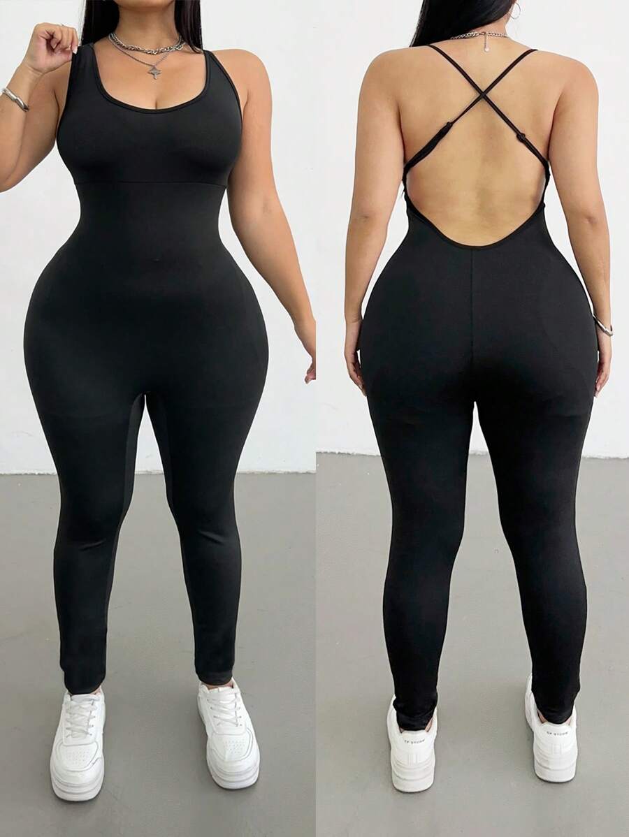 SHEIN MOOSTA Adjustable Strap Fitted Elastic Knit Black Jumpsuit, Long Style For Plus Size Women, European And American Style - Black - View 1