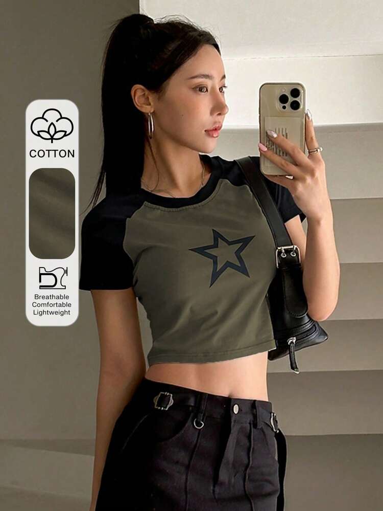 Star Print Raglan Sleeve Crop Tee Y2k