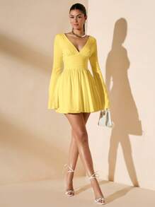 SHEIN BAE Spring/Summer Vacation Solid Color Minimalist Daily Sexy Deep V-Neck Long Sleeve Ruffle Sleeve Cinched Waist Ruched Mini Dress For Women - Yellow - View 7