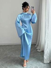 Elenzga Baby Blue Stretchy Faux Silk Satin Funnel Neck Long Flare Sleeve Wide Hem Dress Maxi Women Outfit - Blue - View 1