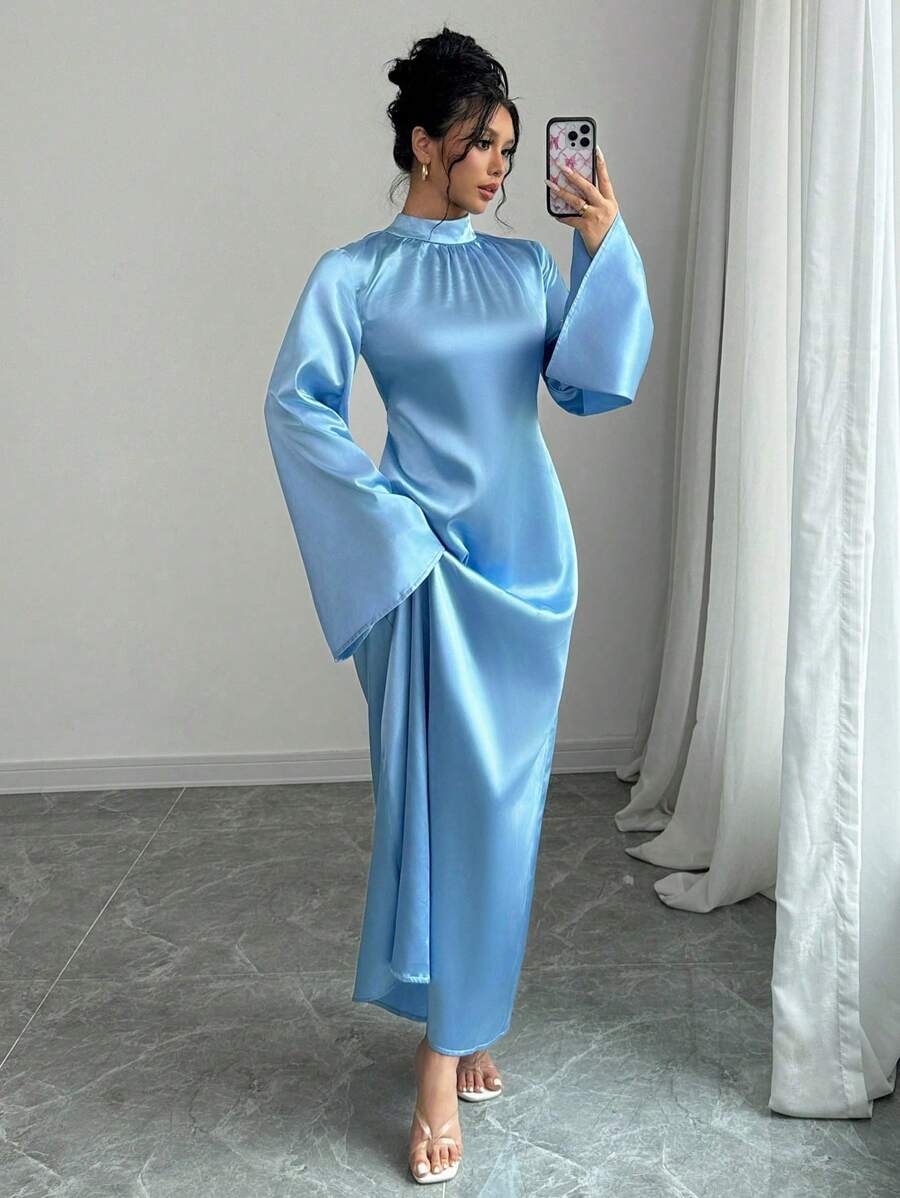 Elenzga Baby Blue Stretchy Faux Silk Satin Funnel Neck Long Flare Sleeve Wide Hem Dress Maxi Women Outfit - Blue - View 1