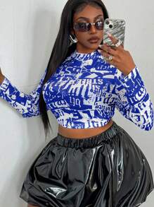 SHEIN MOOSTA Plus Size Women Fashionable Sexy All-Over Print Sheer Mesh Cropped Top - Blue - View 6