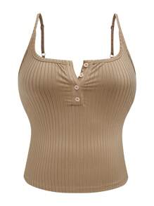 Calvaya Plus Size Women Solid Color Button Half-Placket Casual Camisole
