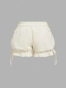 SHEIN MOD 大码杏色可爱休闲度假袖口系带灯笼短裤