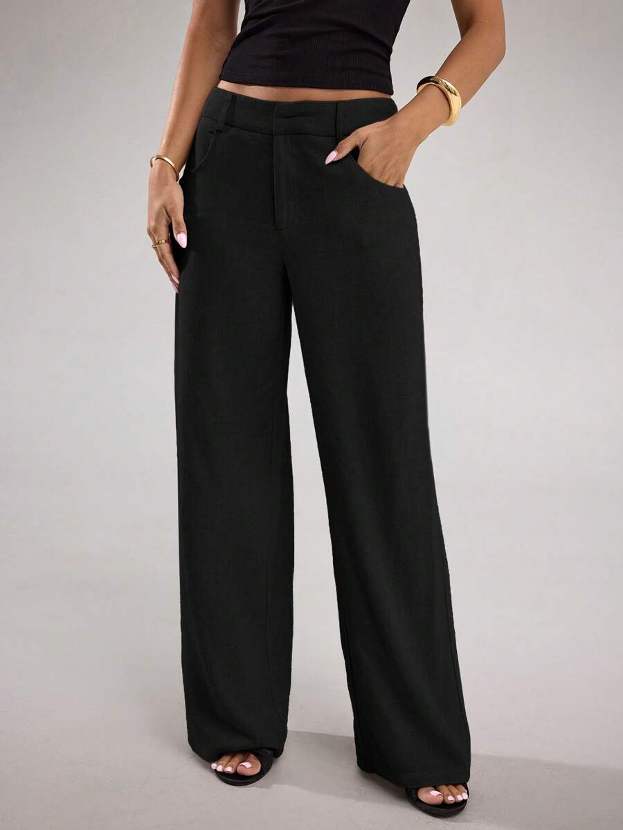 SHEIN BAE Quần ống rộng đơn giản, rộng rãi, màu vải lanh màu mơ cho nữ, cạp thấp, mặc hàng ngày, đi nghỉ và đi làm - màu đen - Xem 1