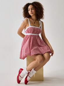 Easelle Women's Sweet Casual Vacation Red & White Checkered Bow Knot Mini Dress, Spring/Summer - Red and White - View 5