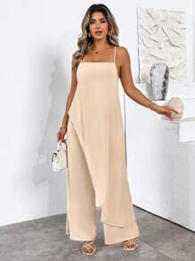 SHEIN Clasi Plus Size Women's Apricot Lace Trim Elastic Waist Flowy Soft Rompers, Suitable For Easter, Music Festival, Summer Outfits, St. Patrick's Day, Rave Outfits, Spring Break, Boho - Apricot - View 4