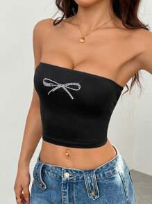 SHEIN PETITE 3 stuks/set witte kersenprint tubetop, rode effen tubetop, zwarte strass strik decor tubetop