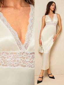 Poéselle Champagne French Lace V Neck Strap Elegant Dress, Waist Elegant Long Dress, Holiday Dress Satin Texture, Acetate Dress Spring Dress, Easter Dress, Fairy Dress, Vintage Dress, Midi Dress For Women