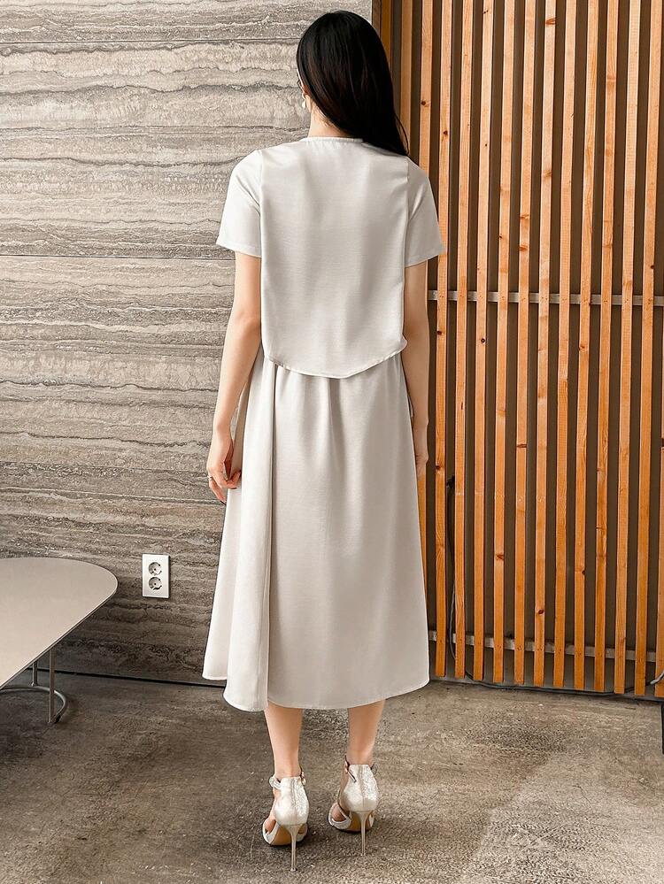 2pcs Set Women Solid V-Neck Tie Shirt And Skirt