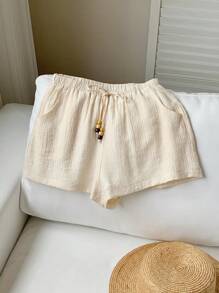 Comfortcana Women's Casual Ruched Waist Drawstring Pocket Relaxed Shorts - Apricot - View 1
