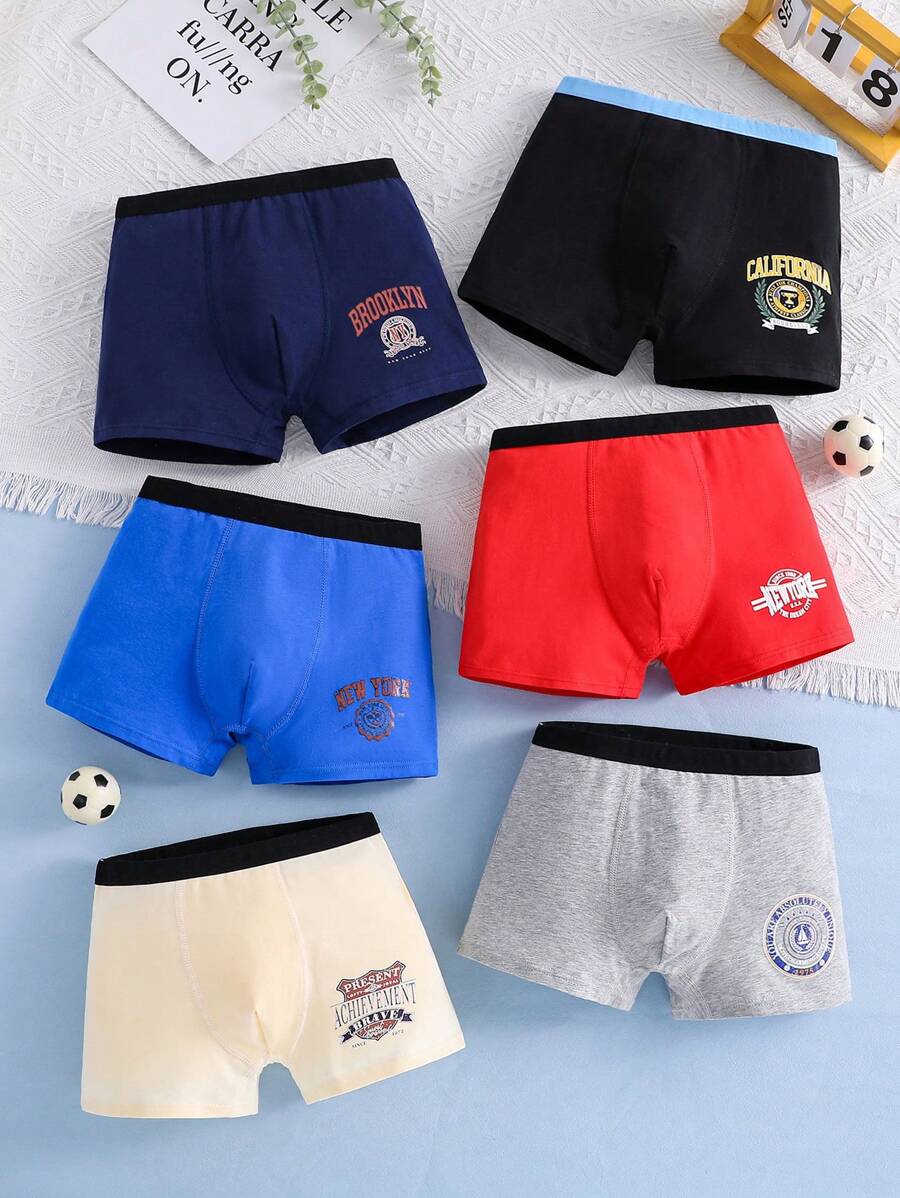 6pcs Pack Tween Boys' City Name Print Combed Cotton Boxer Briefs