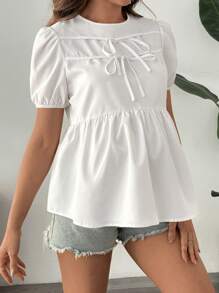 SHEIN Comfortable Puff Sleeve Ruffle Hem Women Blouse, Maternity Wear - White - View 1