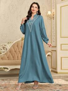 Al Najma Women's Loose Floral Embroidered V-Neck With Stand Collar Dress, Fashion And Elegant Arabic-Style,Modest - Blue - View 4