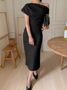 DAZY 女士优雅纯色斜肩束腰中长连衣裙优雅太阳裙 - 黑色 - 查看 2